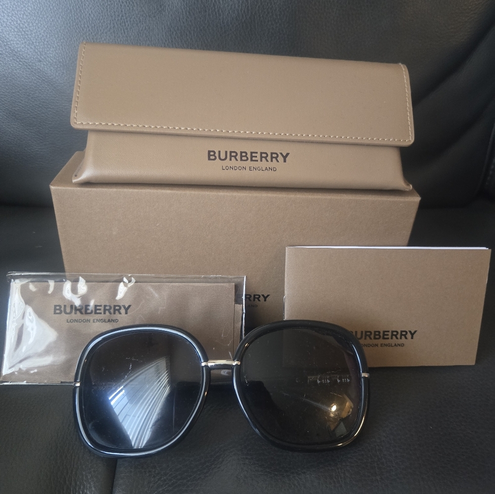 Burberry Elegant Black Sunglasses, Case, And Lens Cleaner